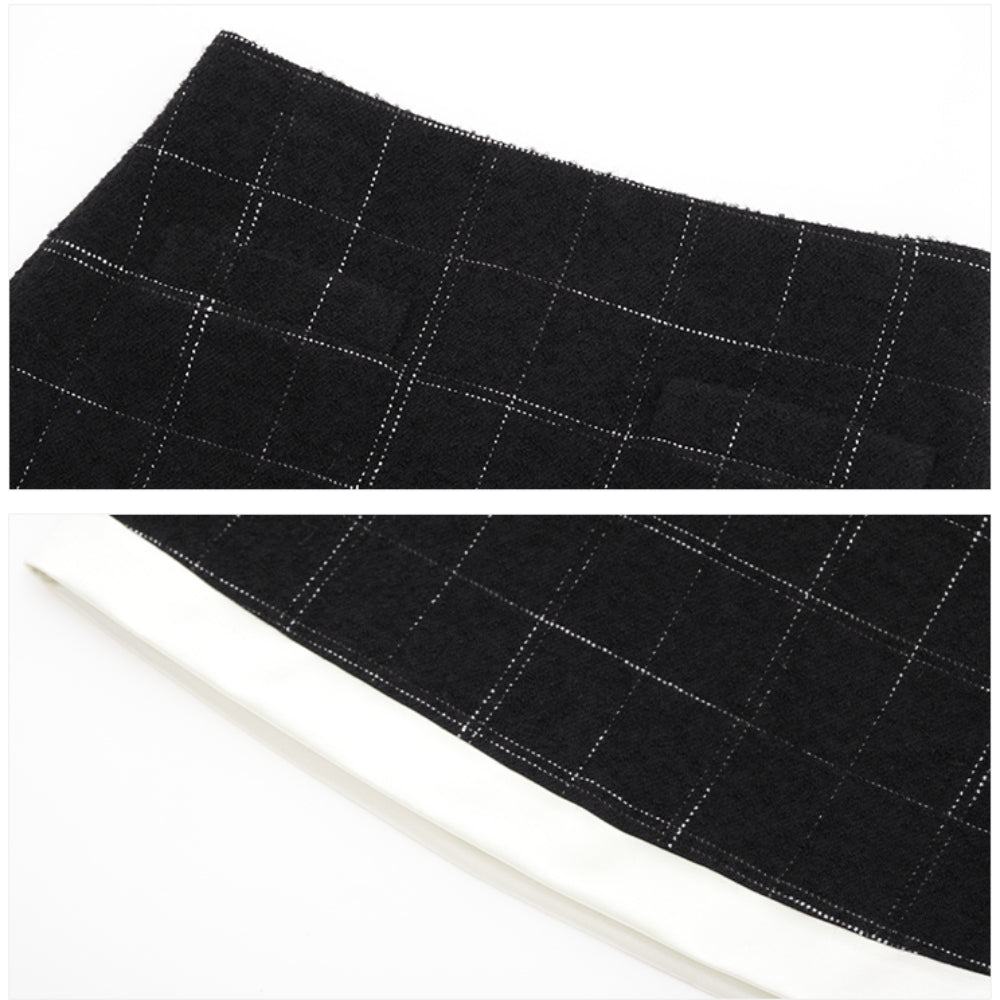 Concise-White Plaid Patchwork Woolen Tweed Skirt Black