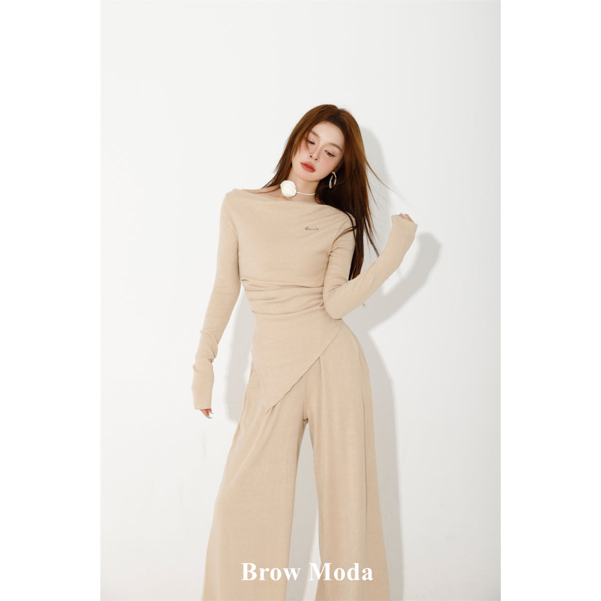 Brow Moda Pleated Irregular Top And Wide-leg Pants Set Khaki