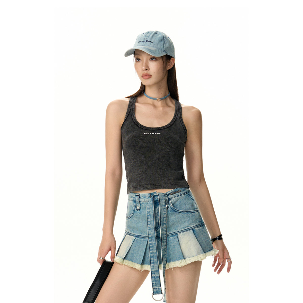 NotAwear Colo Blocked Hollow-Out Denim Pleated Skirt