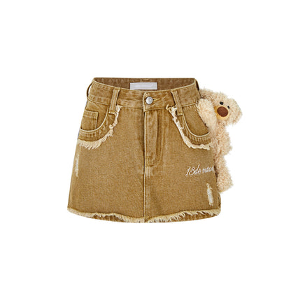 13De Marzo Plush Bear Retro Logo Chain Denim Shorts Khaki