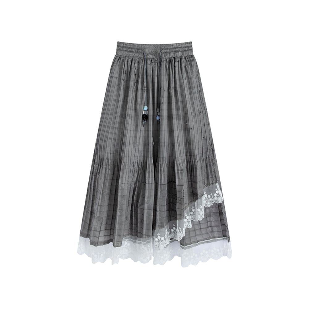 YANAG Pleated Asymmetrical Lace Trim Midi Skirt Gray