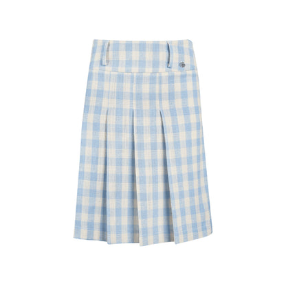 Kroche Plaid Pleated High-Waisted Long Skirt Blue