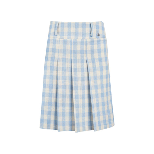 Kroche Plaid Pleated High-Waisted Long Skirt Blue