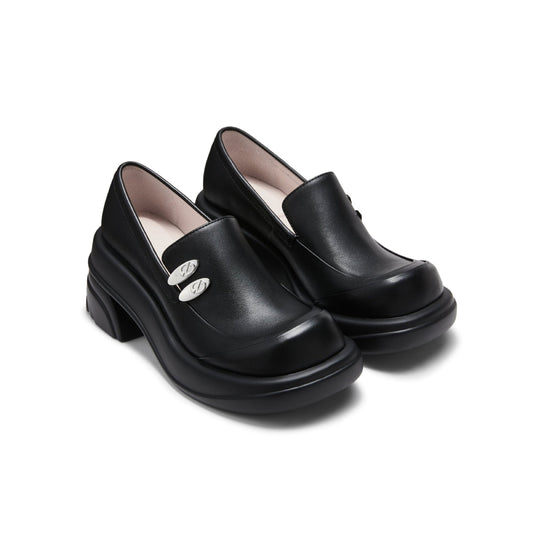 Lost In Echo Round Toe Thick-Soled Heel Leather Shoes Black