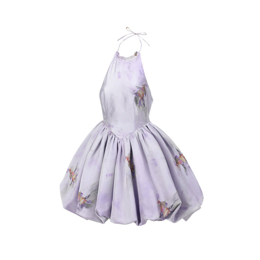 Callrinduck Iris Flower Painting Off-Shoulder Puff Dress