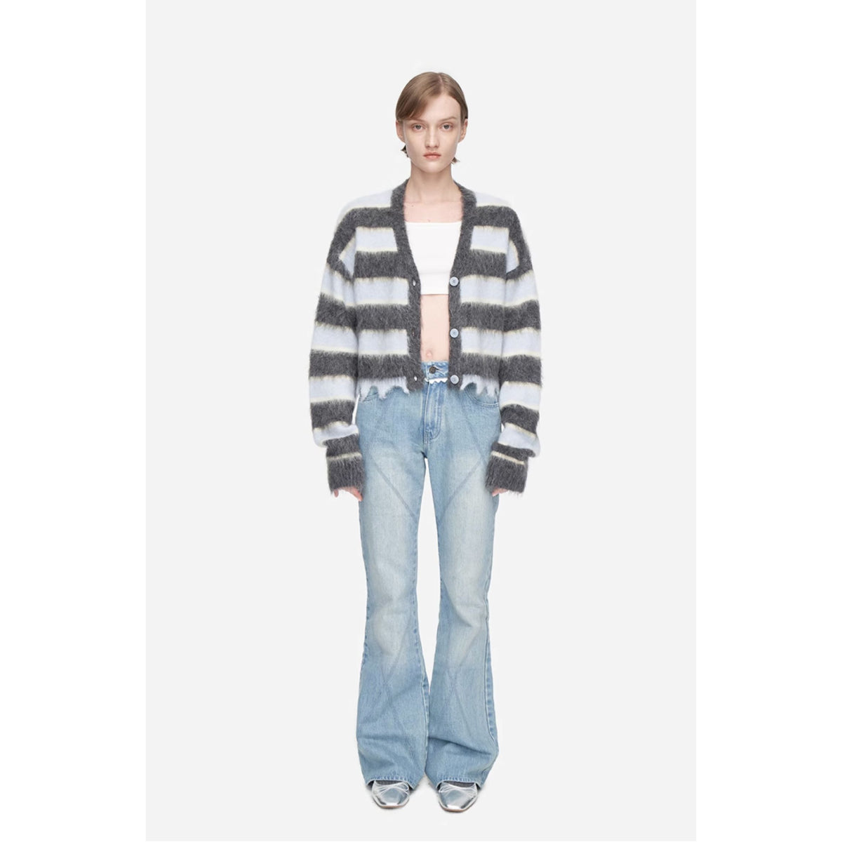 Herlian Raw Edge Striped Mohair Cardigan Grey