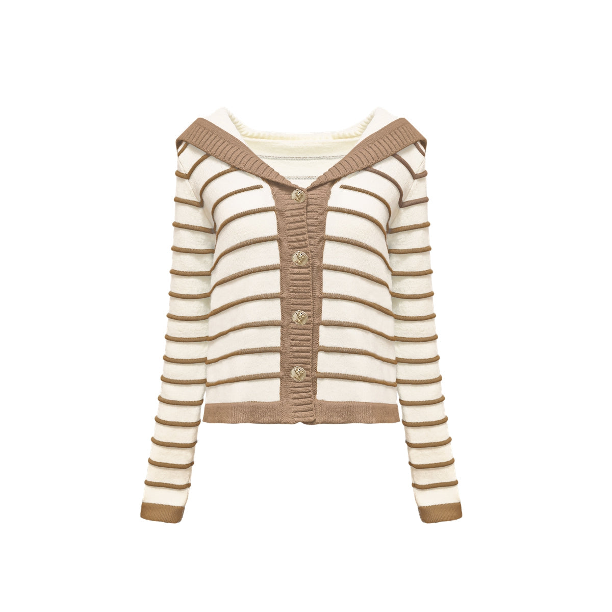 AsGony Sailor Collar Striped Knitted Cardigan Khaki