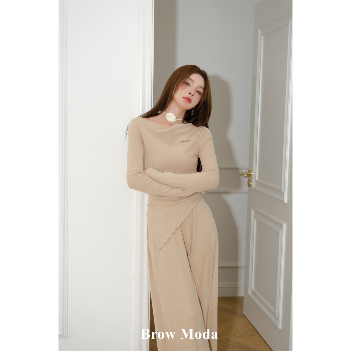 Brow Moda Pleated Irregular Top And Wide-leg Pants Set Khaki