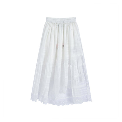 YANAG Pleated Asymmetrical Lace Trim Midi Skirt White