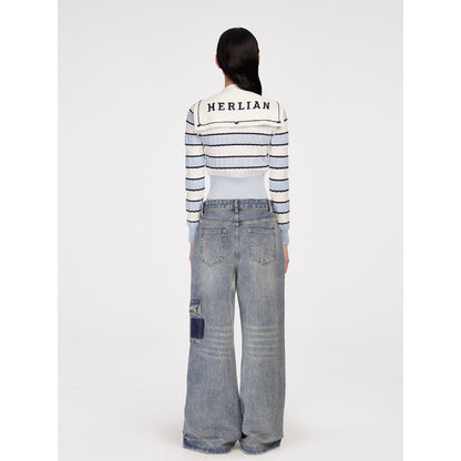 Herlian Detachable Navy Collar Striped Sweater Blue