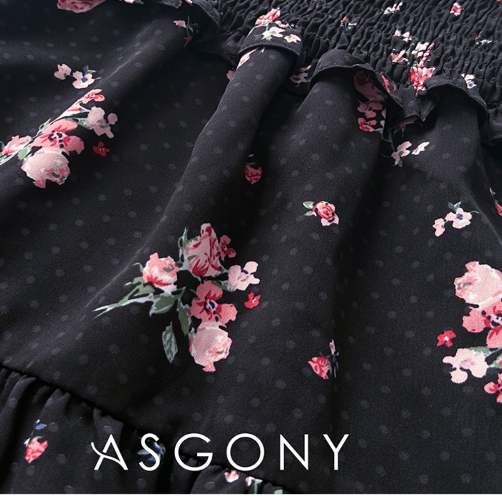 AsGony Floral Suspender Long Dress Black