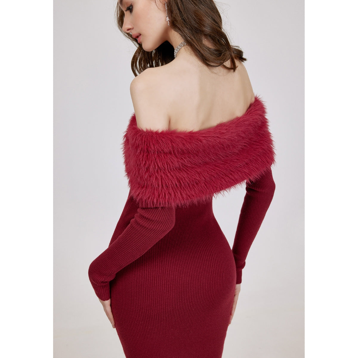 Sheer Luck Nonna Off-Shoulder Faux Mink Slim Knitted Dress Red