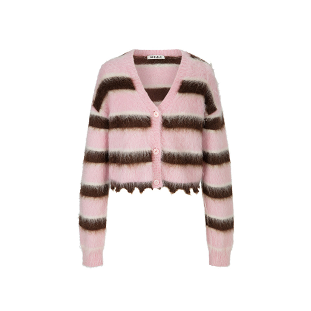 Herlian Raw Edge Striped Mohair Cardigan Pink