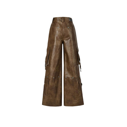 Weird Market Multi Pockets Leather Cargo Pants Brown