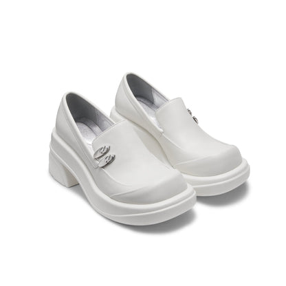 Lost In Echo Round Toe Thick-Soled Heel Leather Shoes White