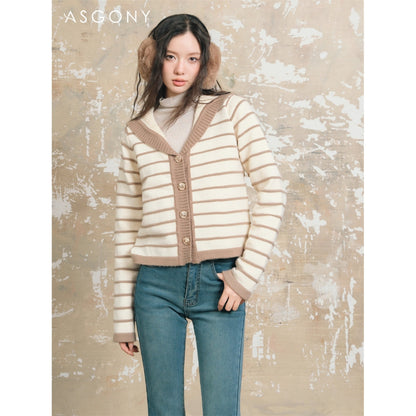 AsGony Sailor Collar Striped Knitted Cardigan Khaki