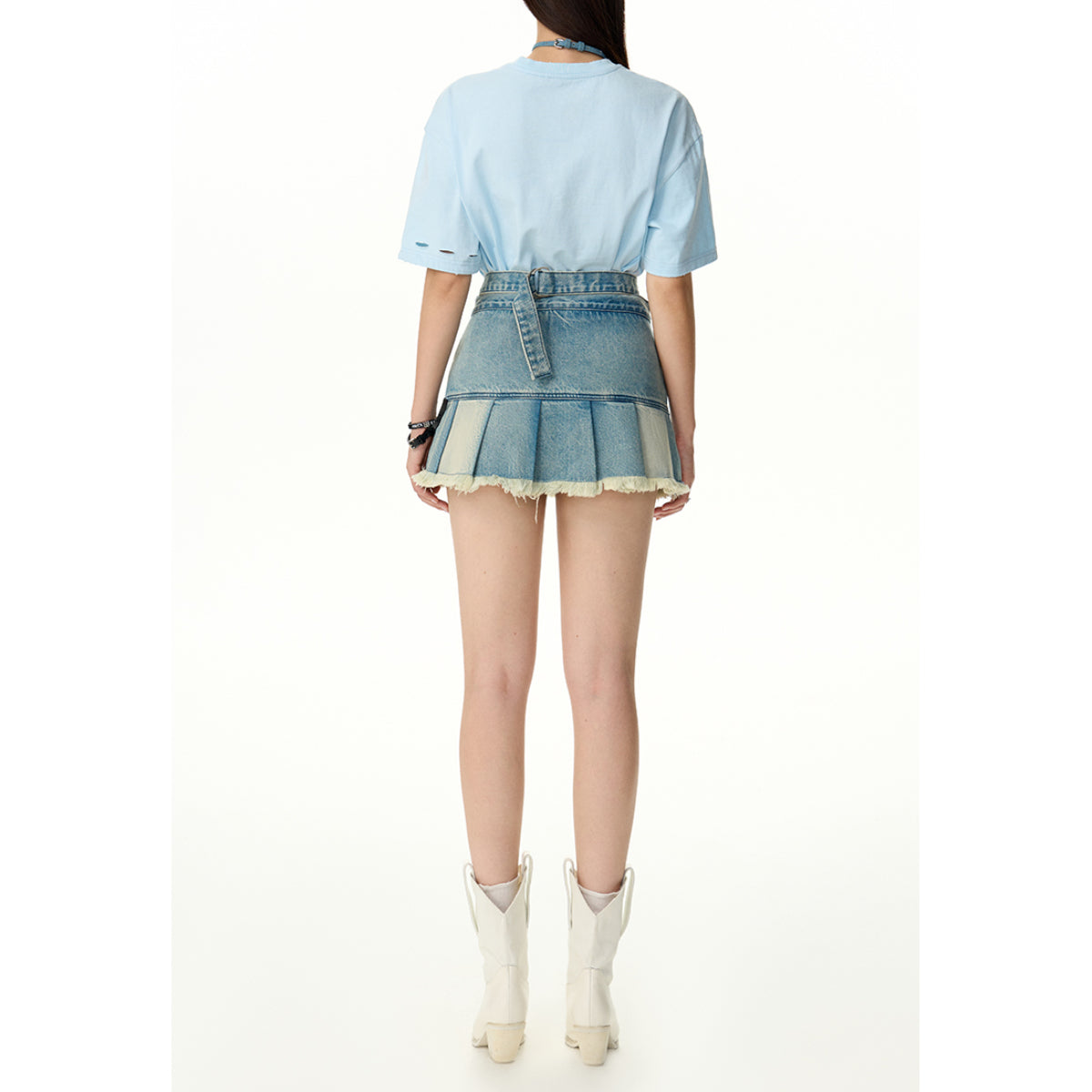 NotAwear Colo Blocked Hollow-Out Denim Pleated Skirt