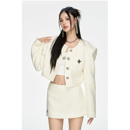 ARDENCODE Rhinestone Button Tweed Short Jacket White