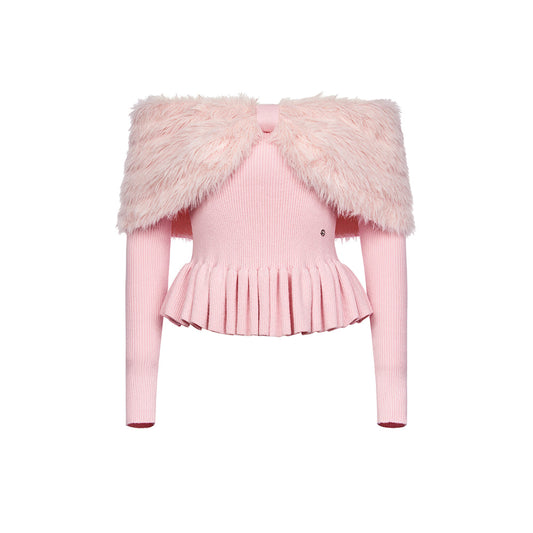 Sheer Luck Alba Off-Shoulder Faux Mink Knit Top Pink