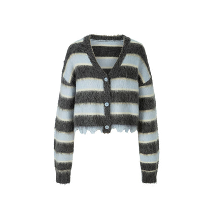 Herlian Raw Edge Striped Mohair Cardigan Grey