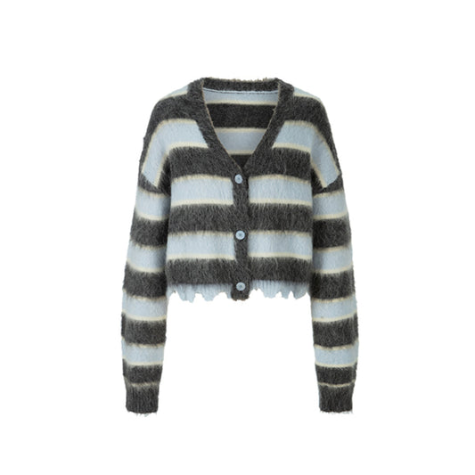 Herlian Raw Edge Striped Mohair Cardigan Grey