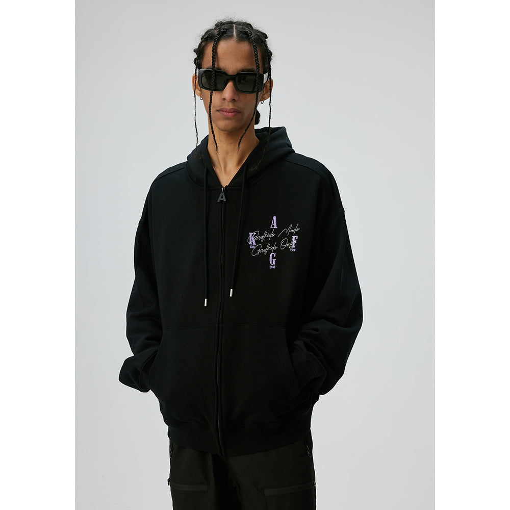 AFGK Basic Embroidery Logo Zip Up Hoodie Black