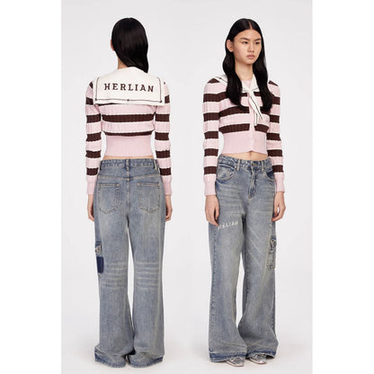 Herlian Detachable Navy Collar Striped Sweater Pink