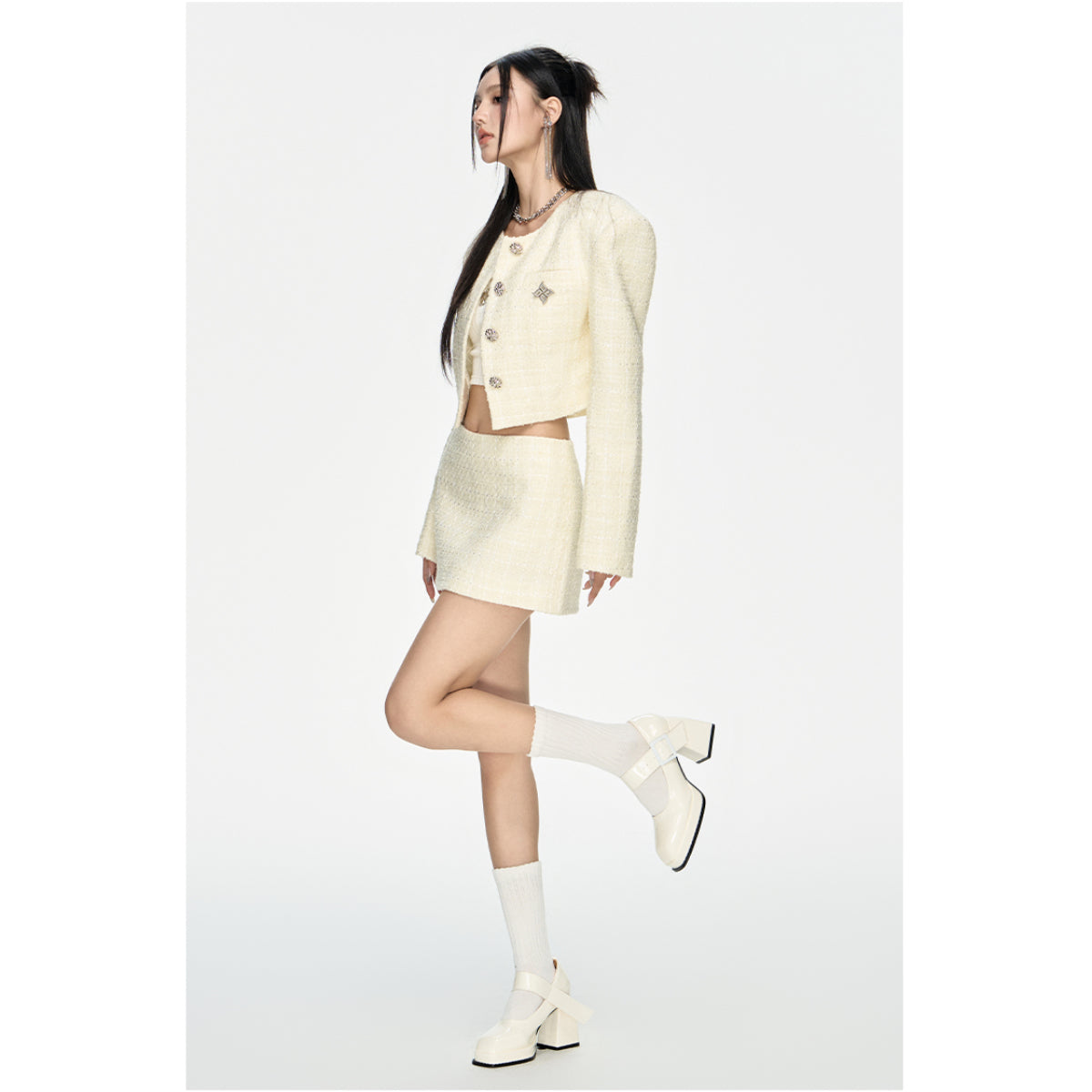 ARDENCODE Rhinestone Button Tweed Short Jacket White