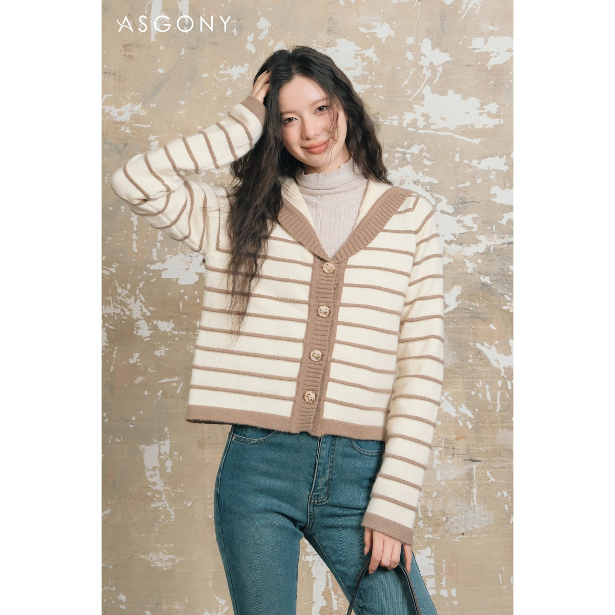 AsGony Sailor Collar Striped Knitted Cardigan Khaki