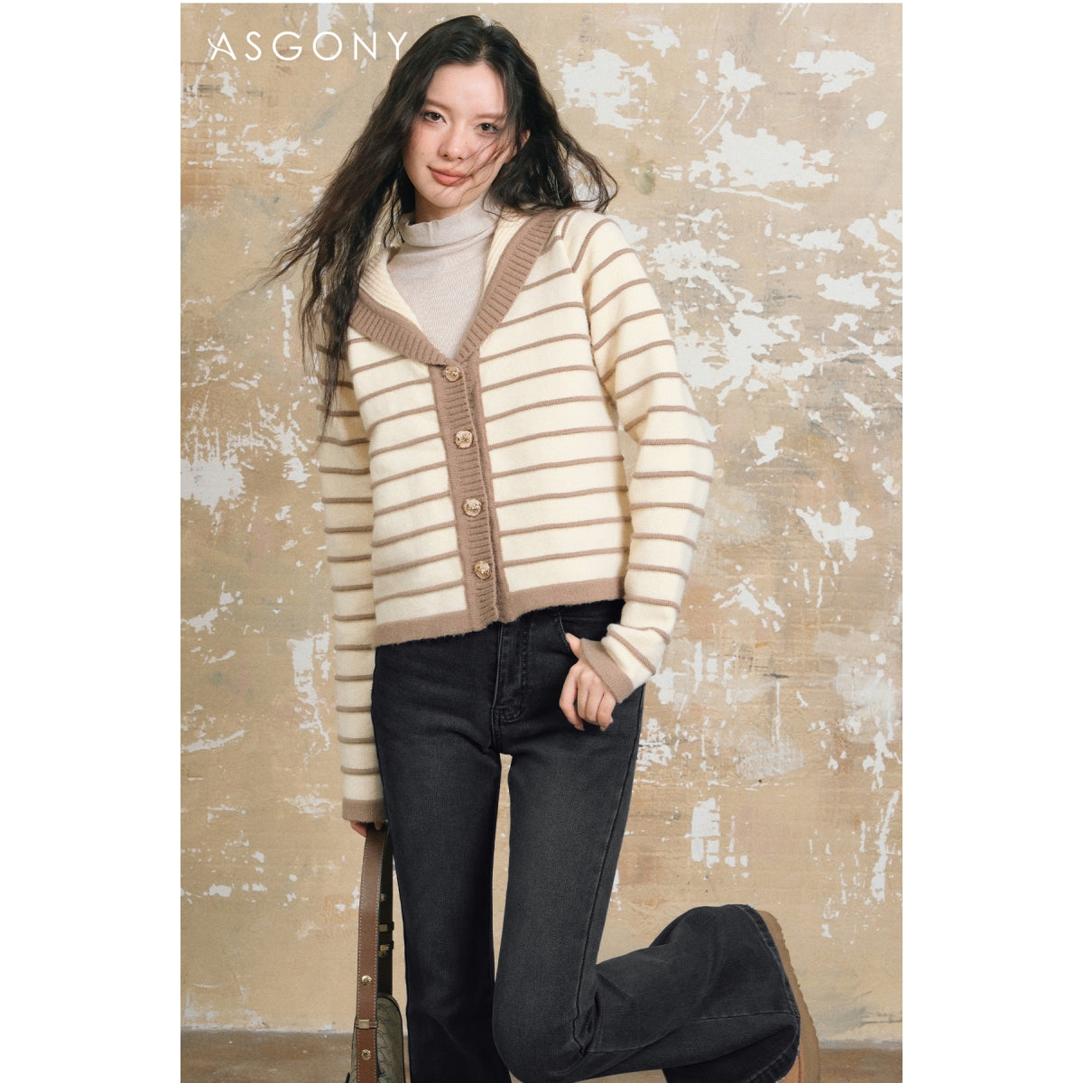 AsGony Sailor Collar Striped Knitted Cardigan Khaki