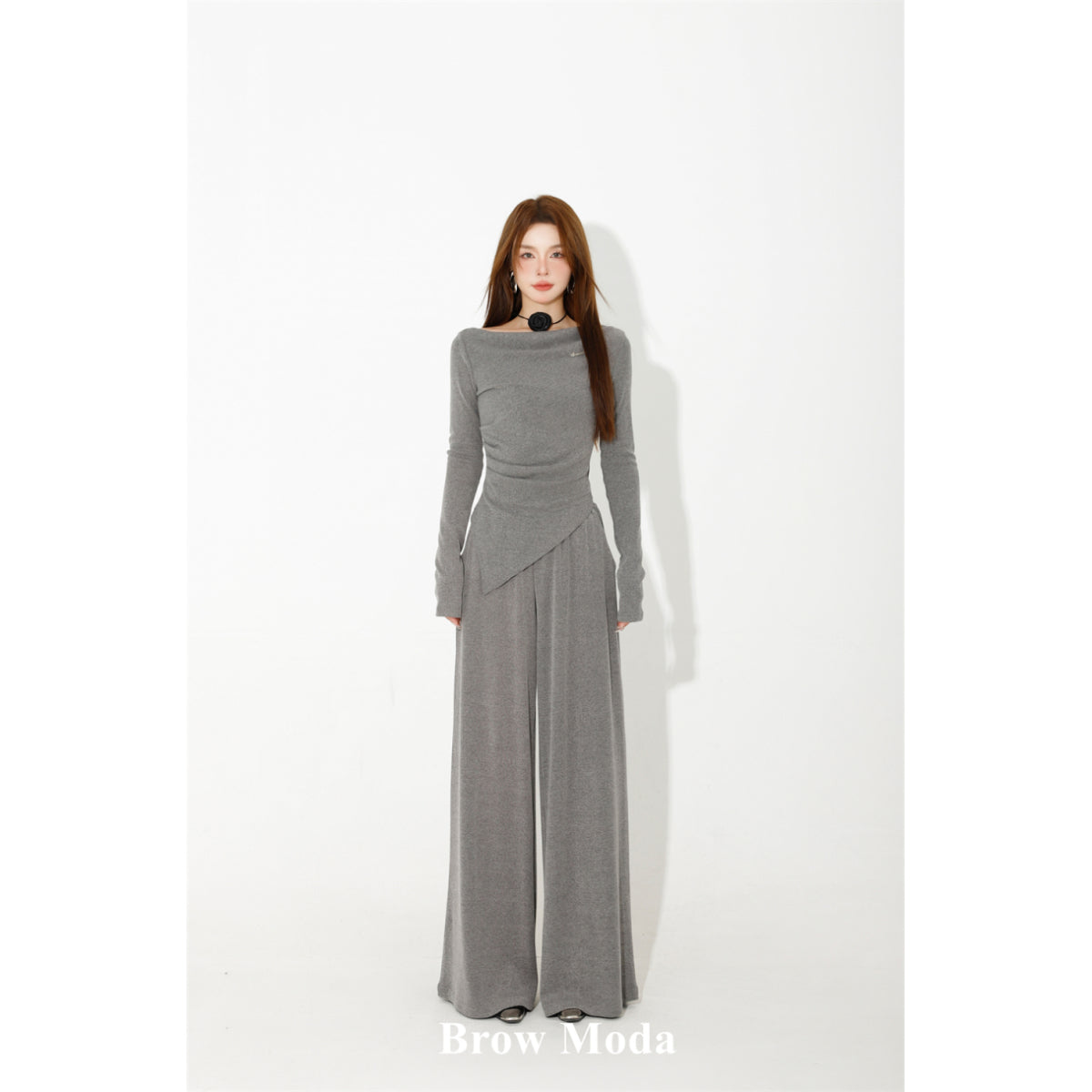 Brow Moda Pleated Irregular Top And Wide-leg Pants Set Grey