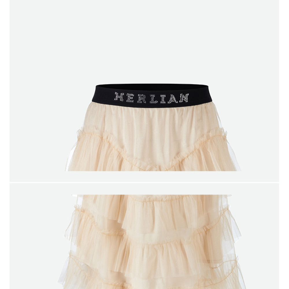 Herlian Rhinestone Logo Waist Gauze Skirt Cream