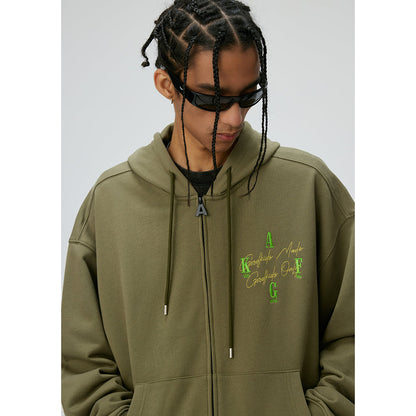 AFGK Basic Embroidery Logo Zip Up Hoodie Olive