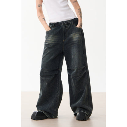 Moditec Knee Wrinkle Washed Denim Pants Blue