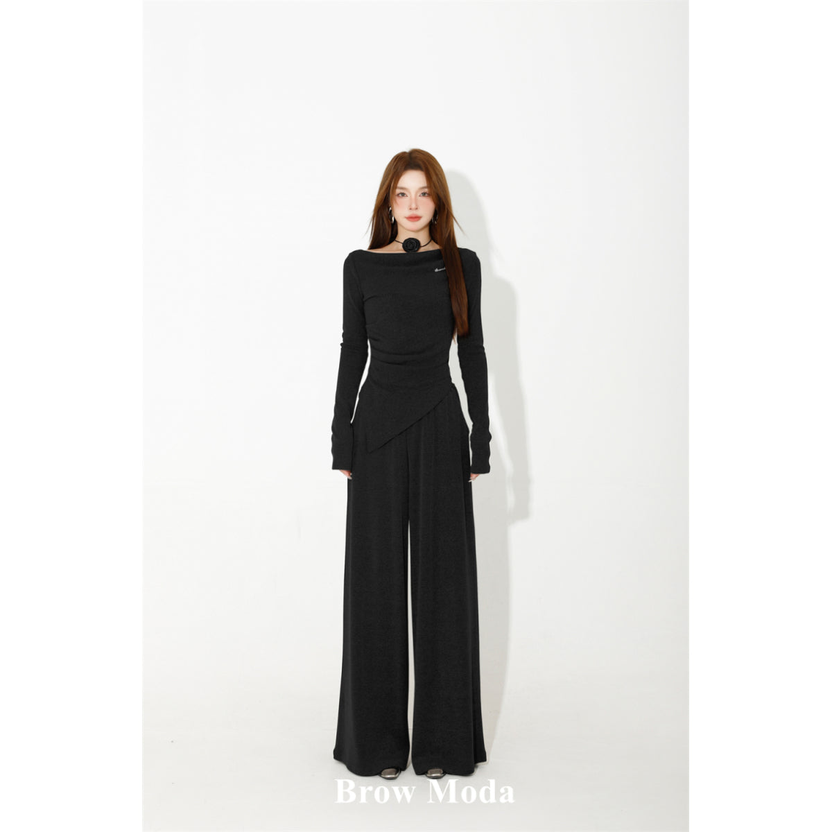 Brow Moda Pleated Irregular Top And Wide-leg Pants Set Black