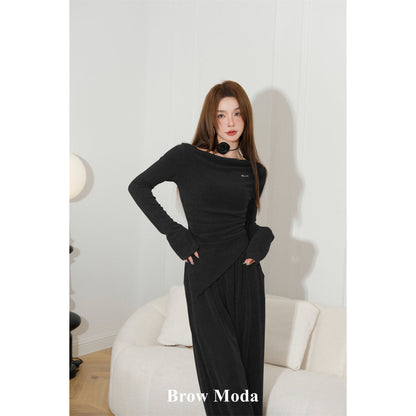 Brow Moda Pleated Irregular Top And Wide-leg Pants Set Black