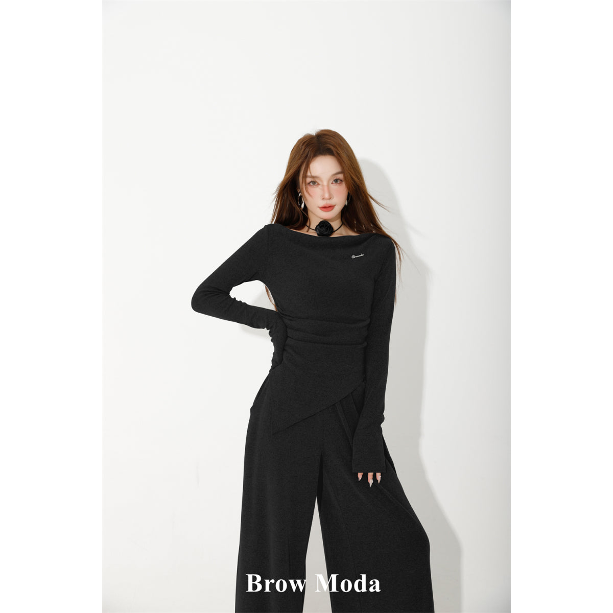 Brow Moda Pleated Irregular Top And Wide-leg Pants Set Black