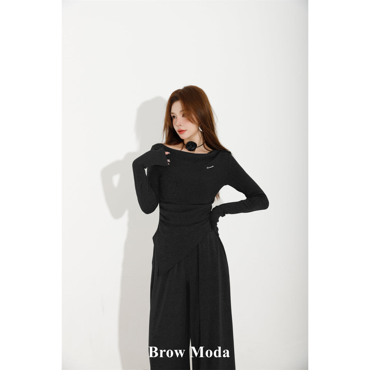 Brow Moda Pleated Irregular Top And Wide-leg Pants Set Black