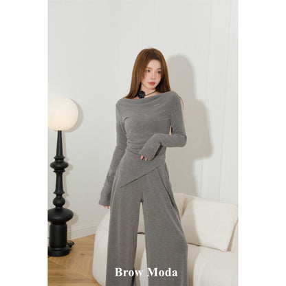 Brow Moda Pleated Irregular Top And Wide-leg Pants Set Grey