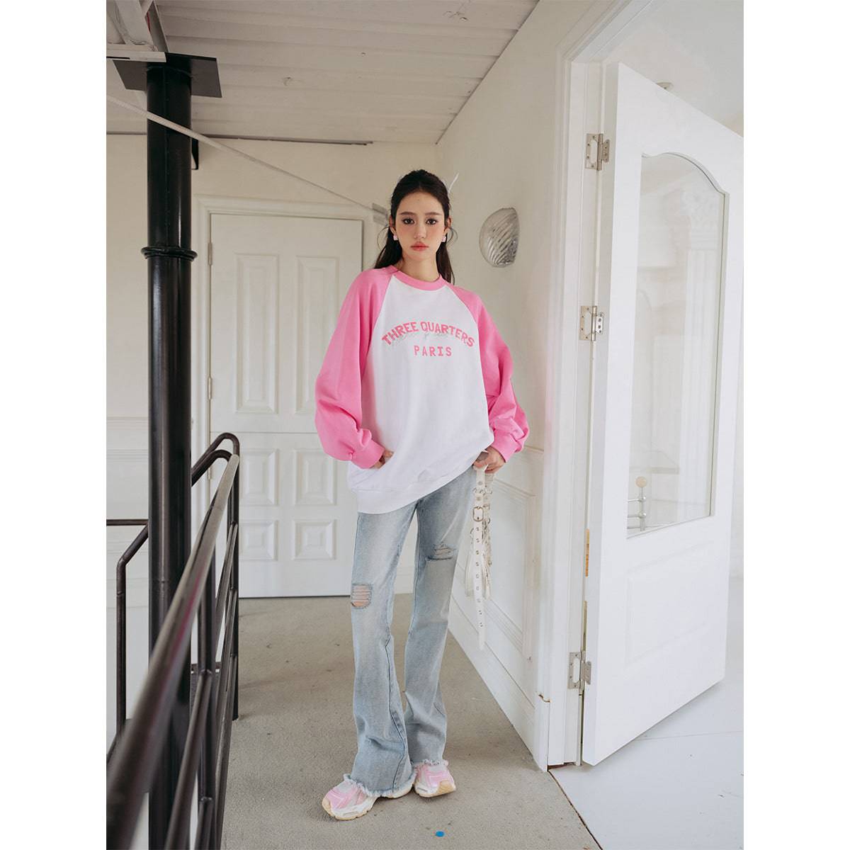 Three Quarters Rhinestone Printed Crew Neck Sweater Pink