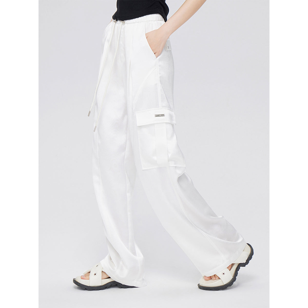 MacyMccoy Satin Draped Wide-Leg Cargo Pants White