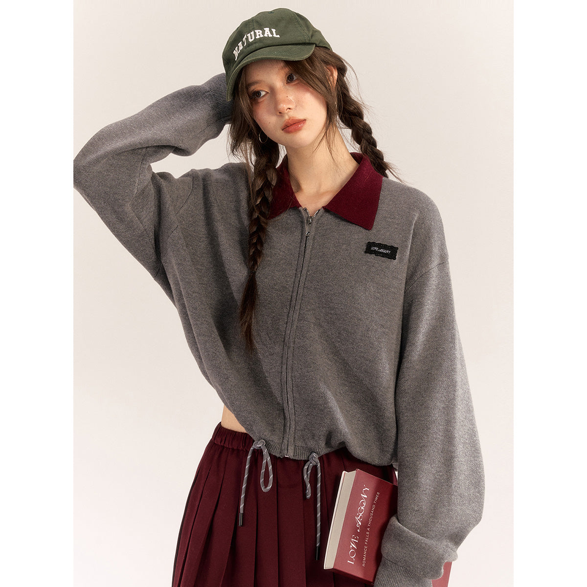 AsGony Contrast Color Drawstring Polo Knit Cardigan Gray