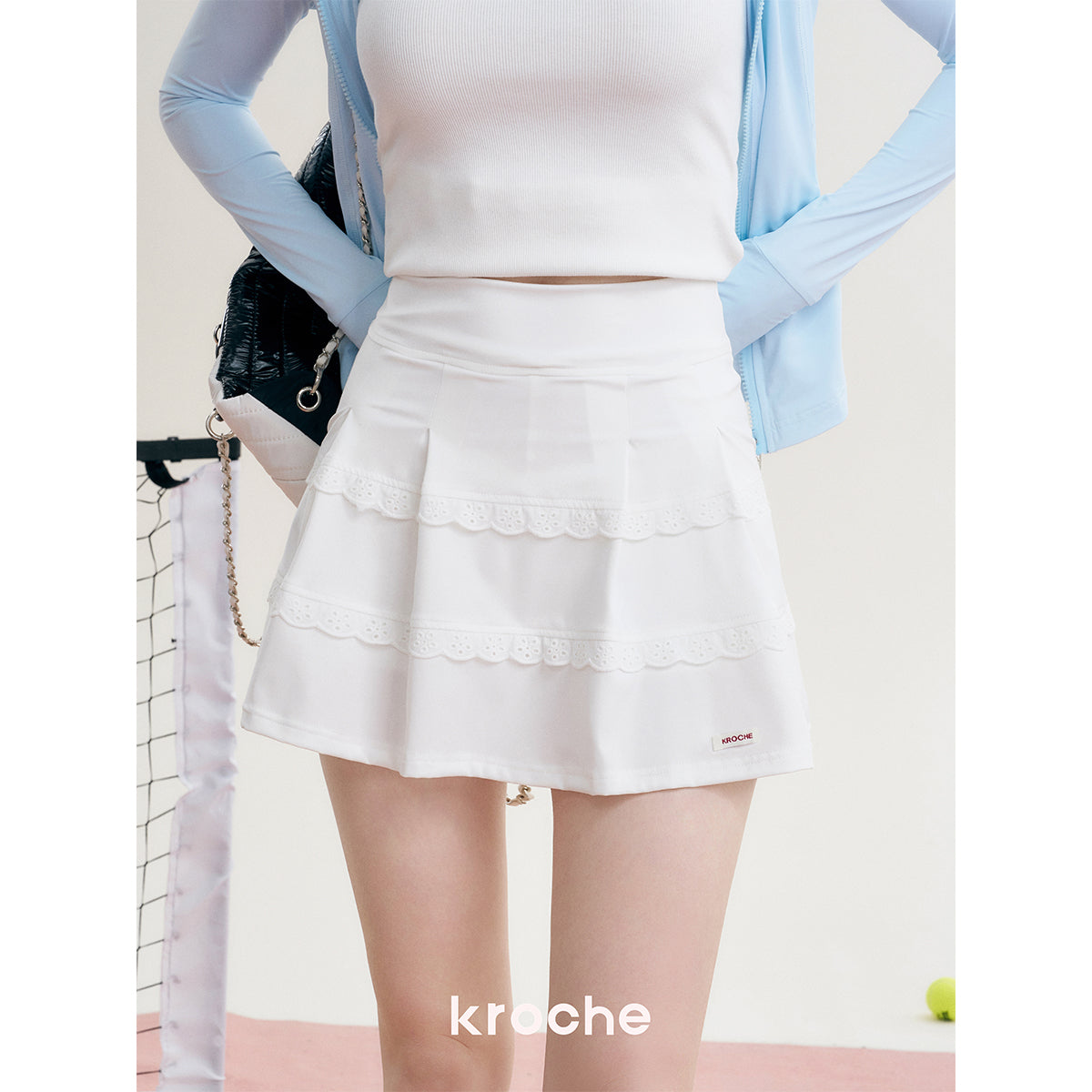 Kroche Lace Edge Patchwork Pleated Skirt White