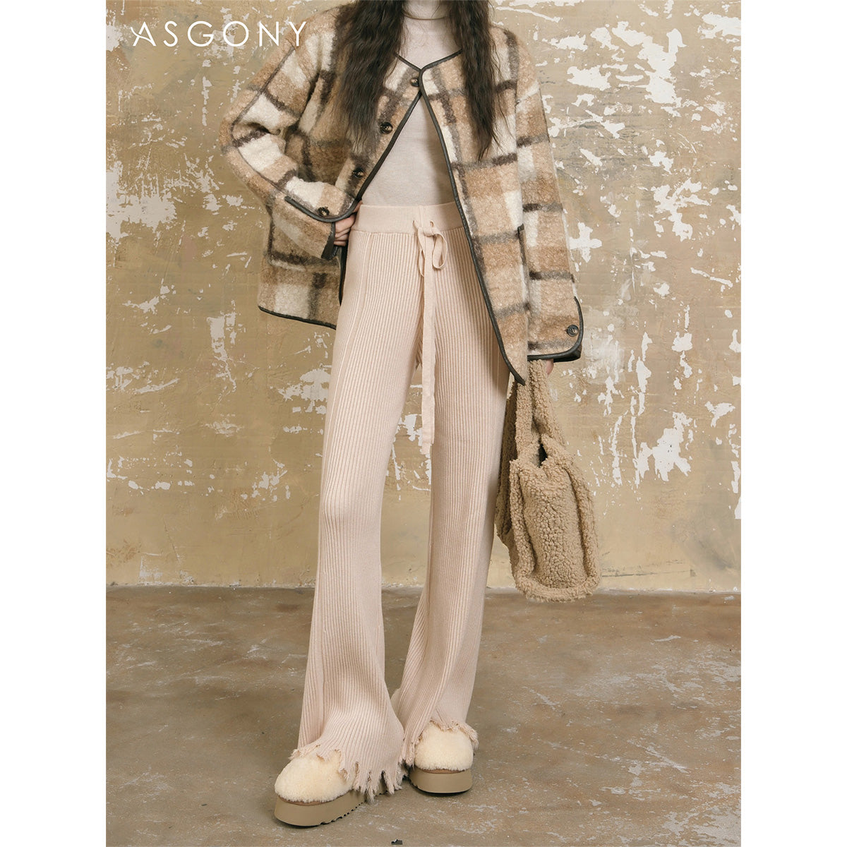 AsGony Cozy Destroy Edge Knit Oversized Pants