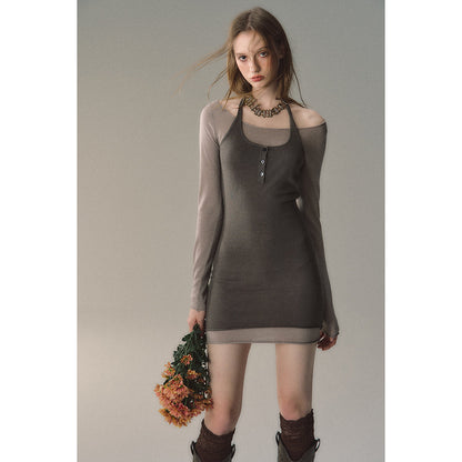 Via Pitti Color Blocked Halterneck Knit Dress Grey