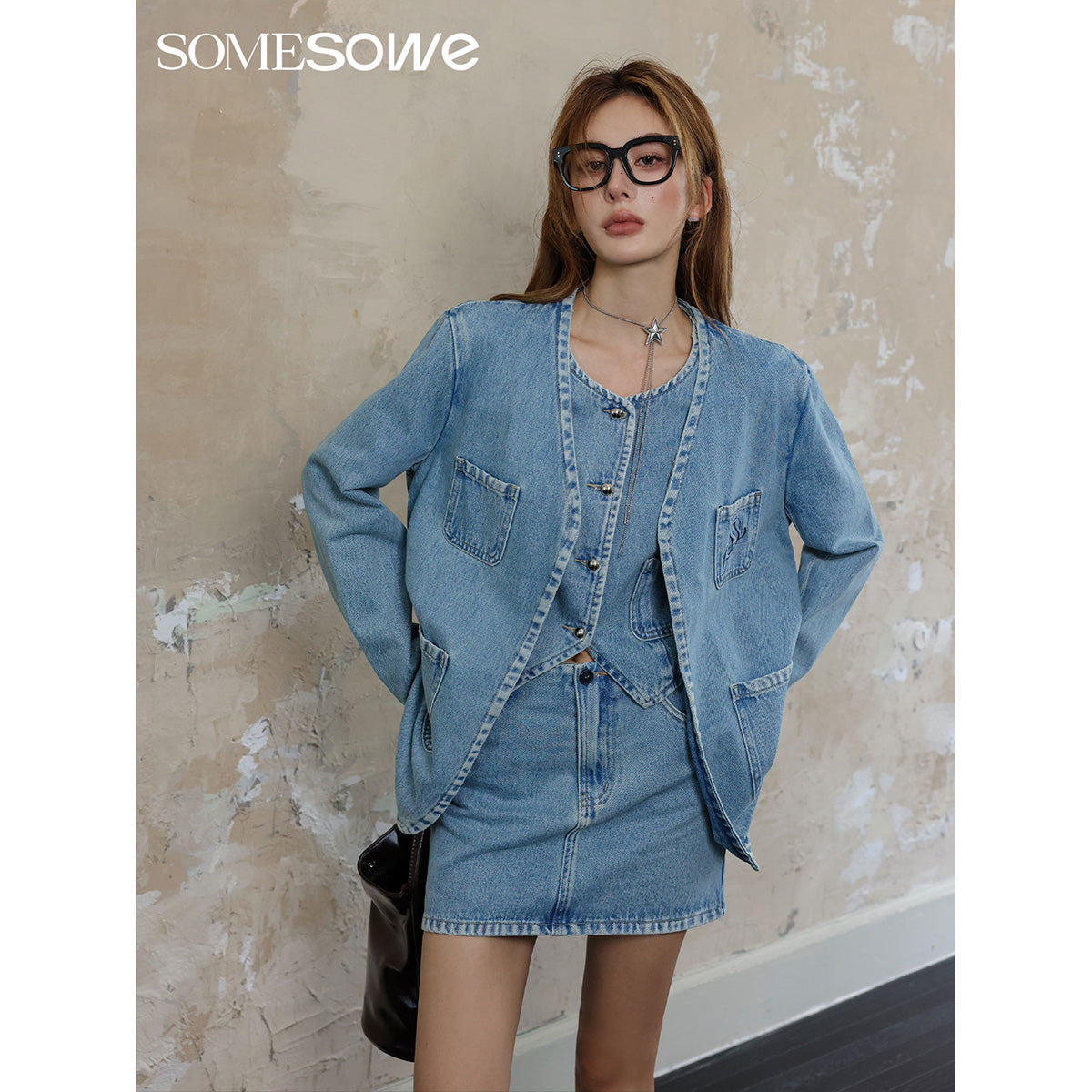 SomeSowe Logo Embroidery Washed Jacket Blue