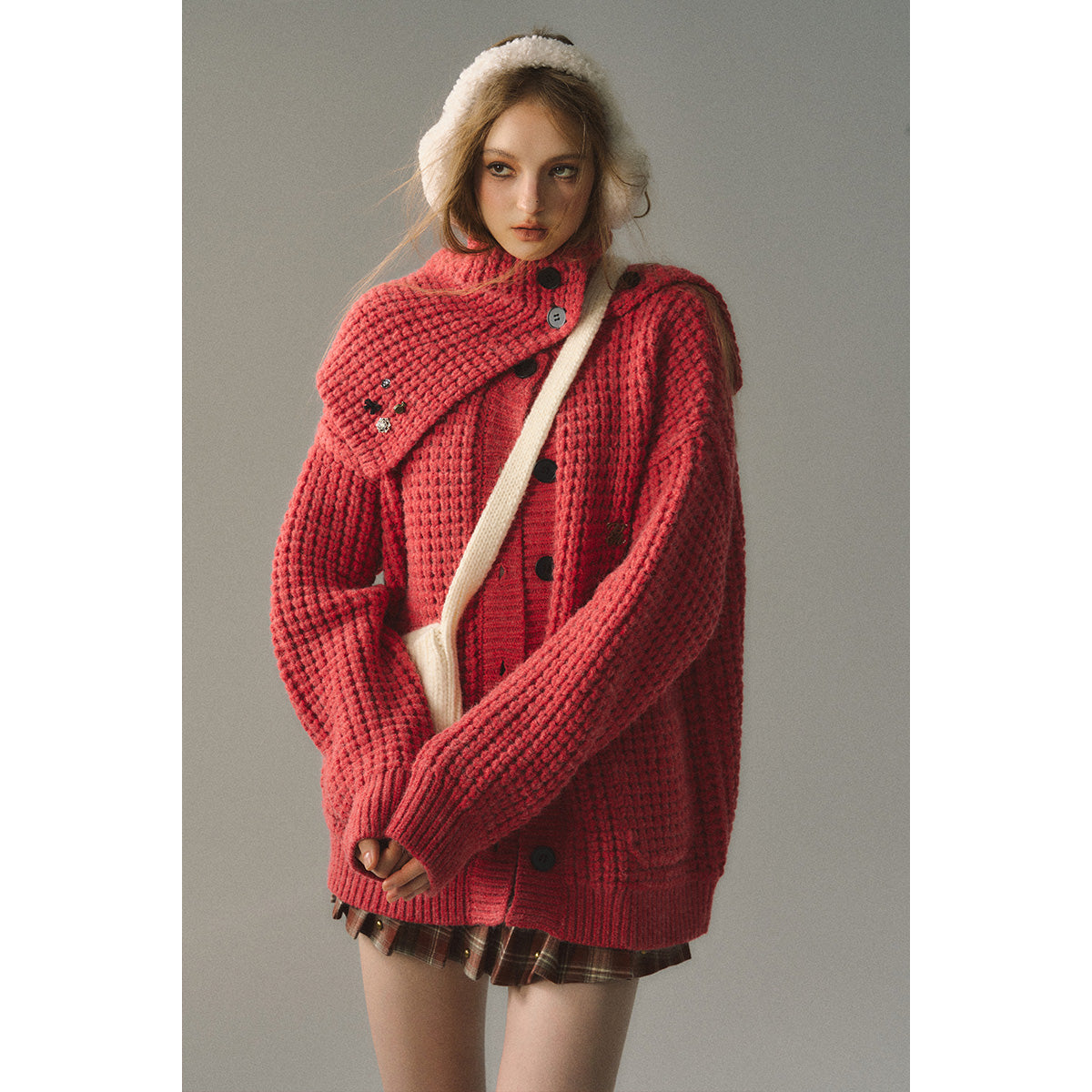 Via Pitti Waffle-Knit Cardigan Red