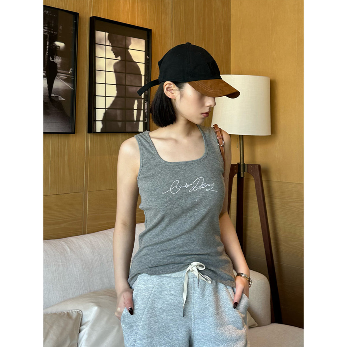 ODTD Embroidery Handwritten Slogan Vest Top Grey