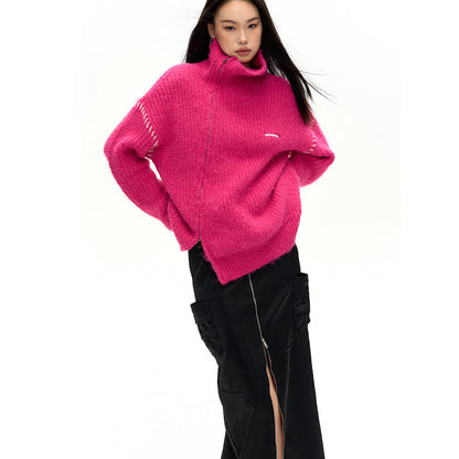 NotAwear Color Blocked Drawstring Zipper Knit Sweater Pink