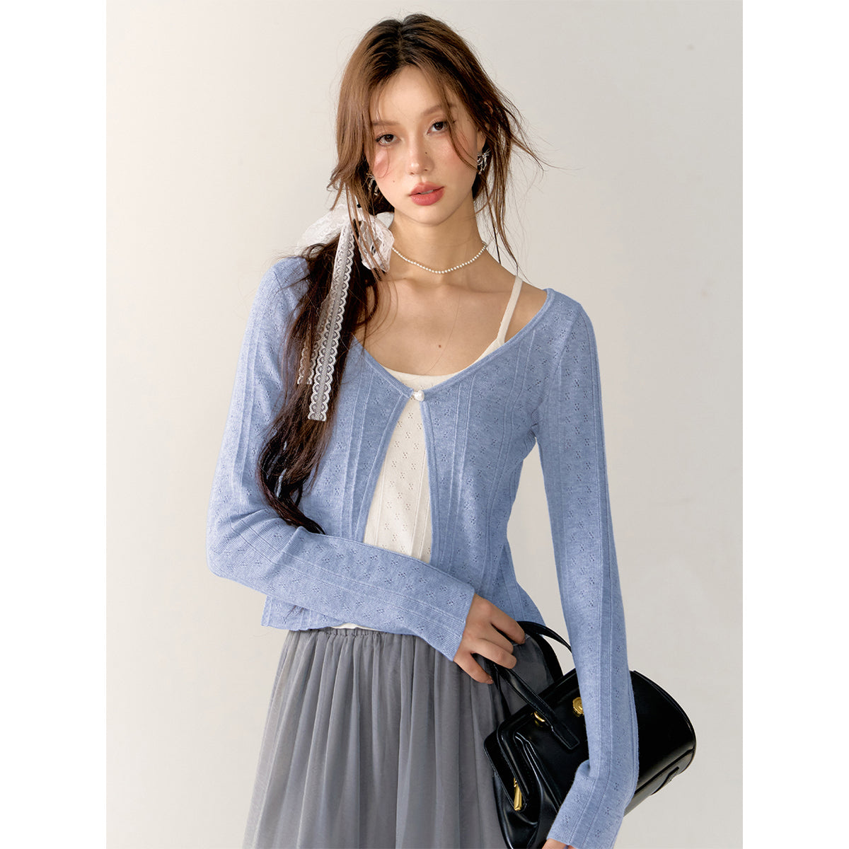 AsGony Contrast Color Fake-2-Piece Slim Cardigan Blue